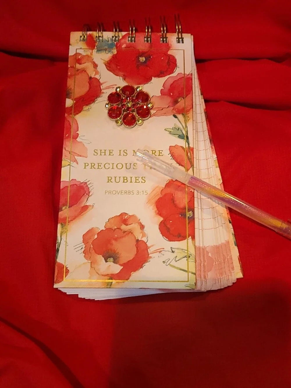 Floral Red Gemmed Biblical Spiral Notepad - She Is More Precious Than Rubies NWT
